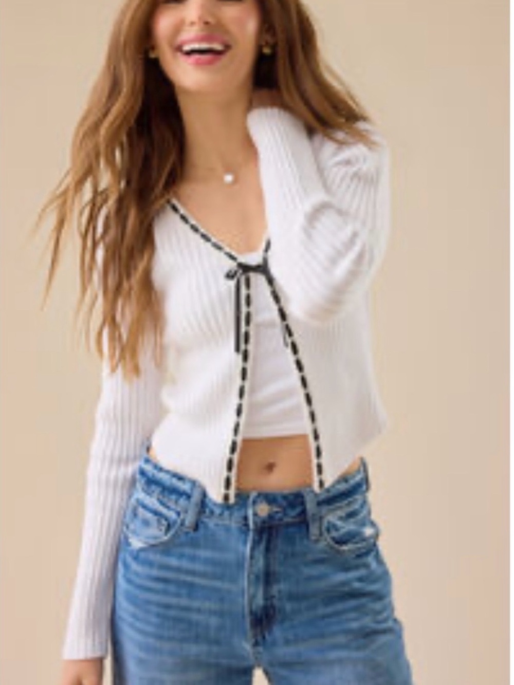 Altar'd State White Ribbed V-Neck Cardigan with Black-Trim Tie